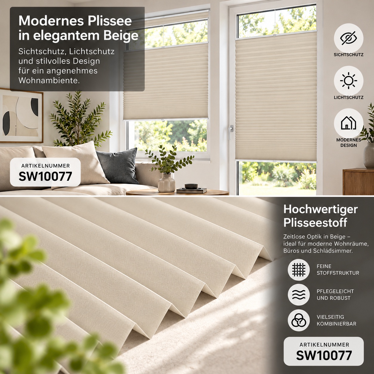 Plissee Basic Selection Beige vierteltransparent mit Reflektionsbeschichtung